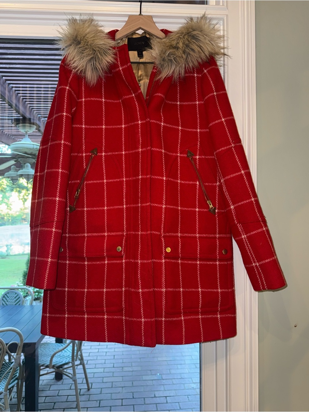 J.Crew Chateau Wool Parka Red White Windowpane Plaid Coat Fur Hood